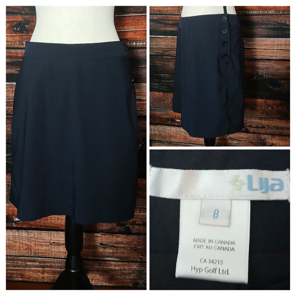 LIJA Skort Size 8 Navy Blue Side Button Athletic Golf Tennis Pockets Rayon Blend